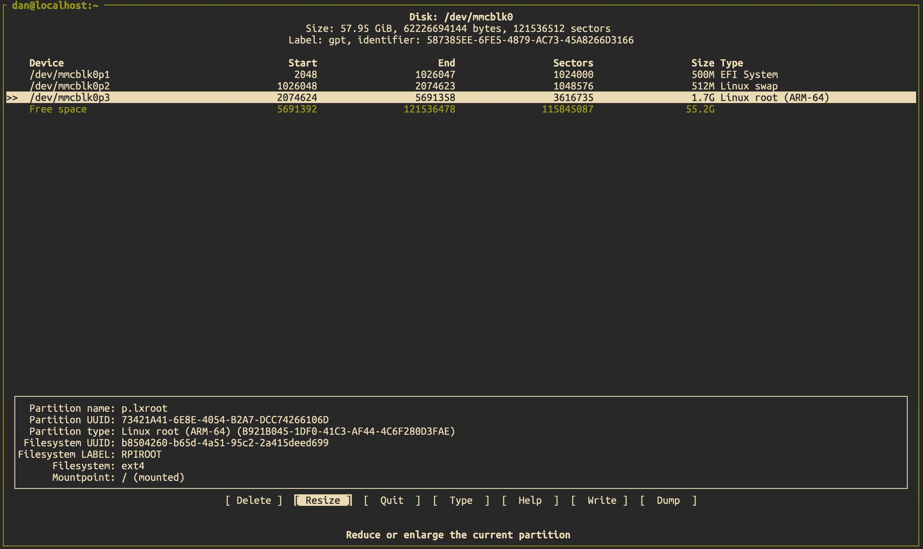 sudo cfdisk /dev/mmcblk0