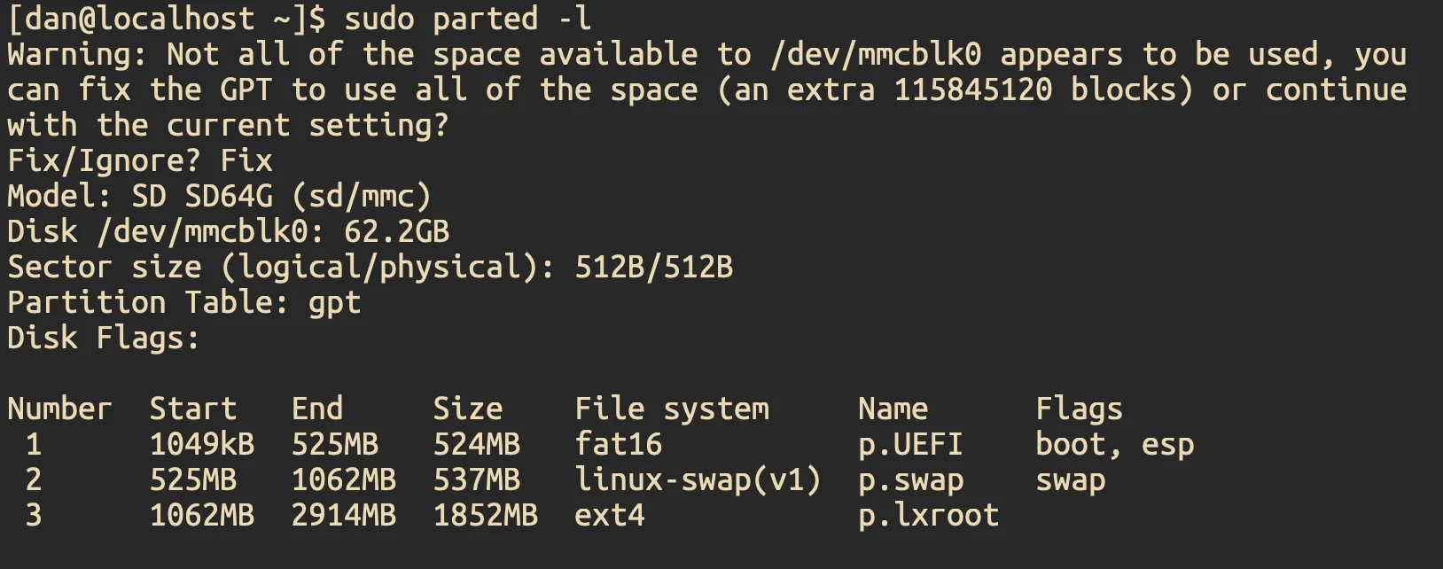 sudo parted -l output