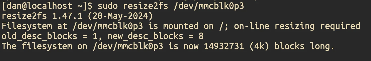Resize the ext4 filesystem to fill the expanded partition
