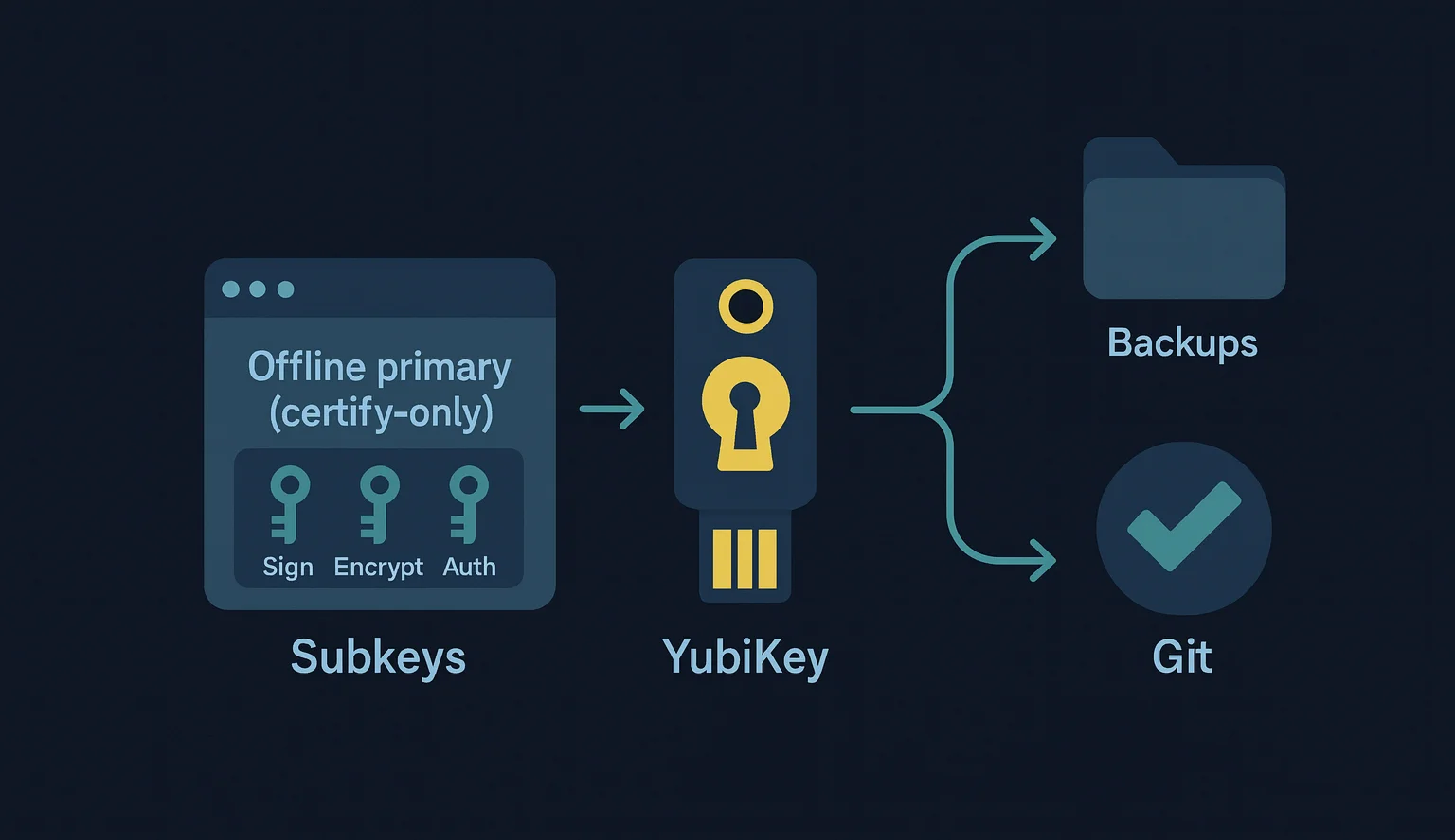Cover Image YubiKey + PGP: Offline Primary, Subkeys, Backups, and Git Signing